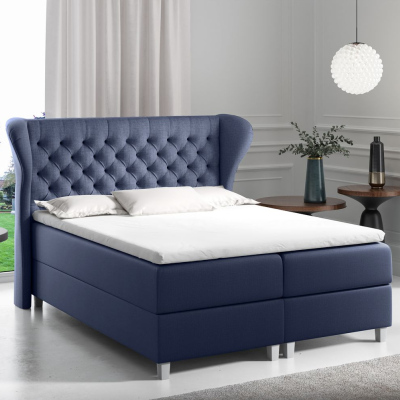 Boxspringbett mit gestepptem Kopfteil 120x200 JUTTA – Blau + GRATIS Topper