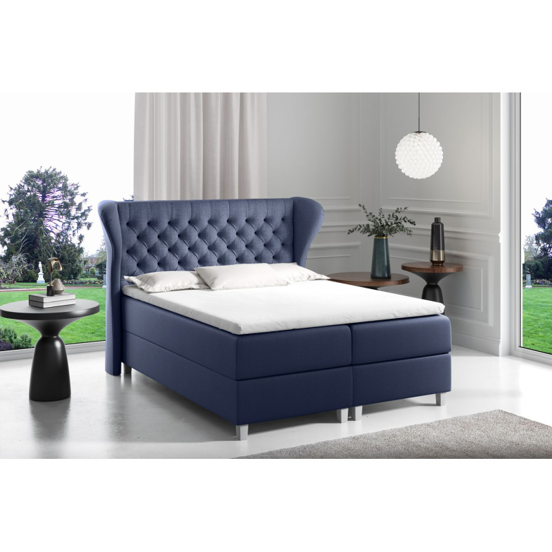 Boxspringbett mit gestepptem Kopfteil 120x200 JUTTA – Blau + GRATIS Topper