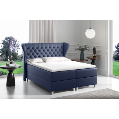 Boxspringbett mit gestepptem Kopfteil 120x200 JUTTA – Blau + GRATIS Topper