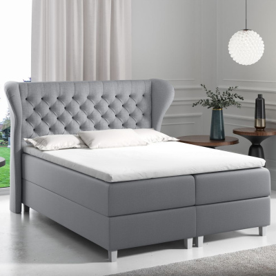 Boxspringbett mit gestepptem Kopfteil 120x200 JUTTA – Grau + GRATIS Topper