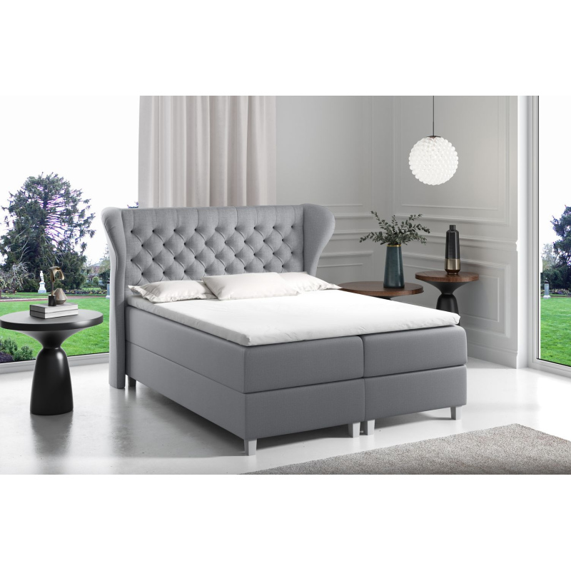 Boxspringbett mit gestepptem Kopfteil 120x200 JUTTA – Grau + GRATIS Topper