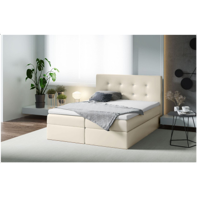 Kontinentales Bett 140x200 VIVIEN 1 – beiges Öko-Leder + GRATIS-Topper