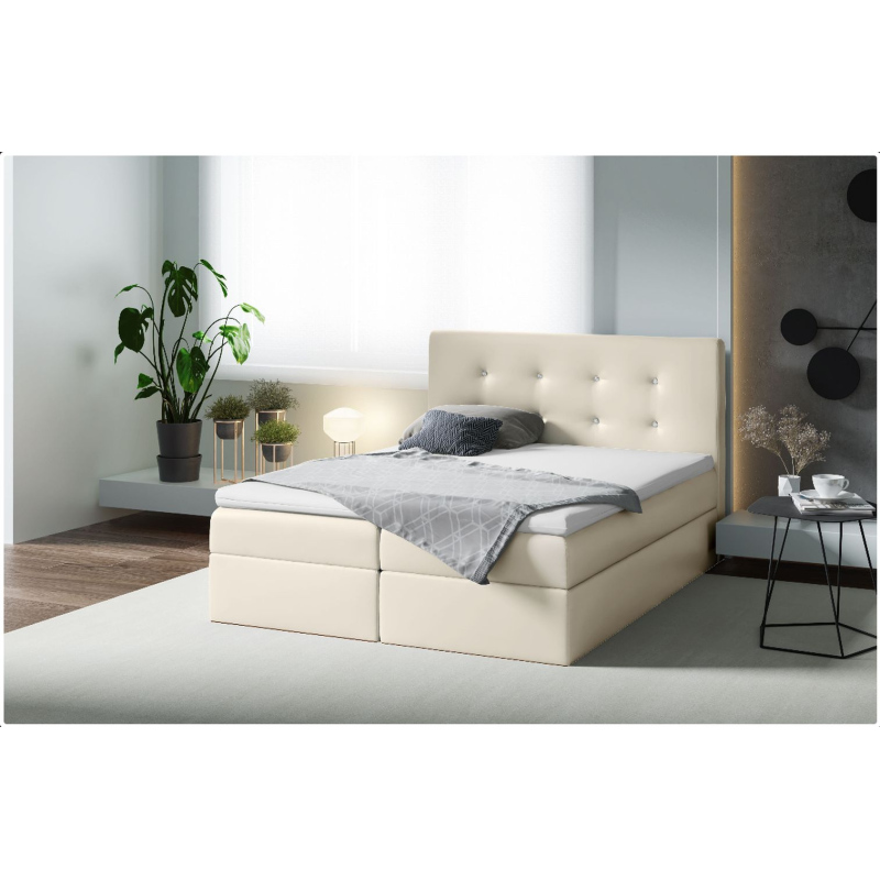 Kontinentales Bett 160x200 VIVIEN 1 – beiges Öko-Leder + GRATIS-Topper