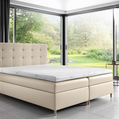 Gepolstertes Einzelbett Alexa mit Stauraum beiges Öko-Leder 120 x 200 + gratis Topper