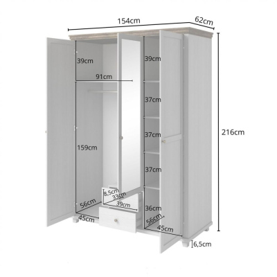 Kleiderschrank mit Schubladen EROL – Breite 154 cm, abisko ash / lefkas Eiche