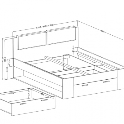 Bett 140x200 mit gepolstertem Kopfteil SÁRA – abisko ash