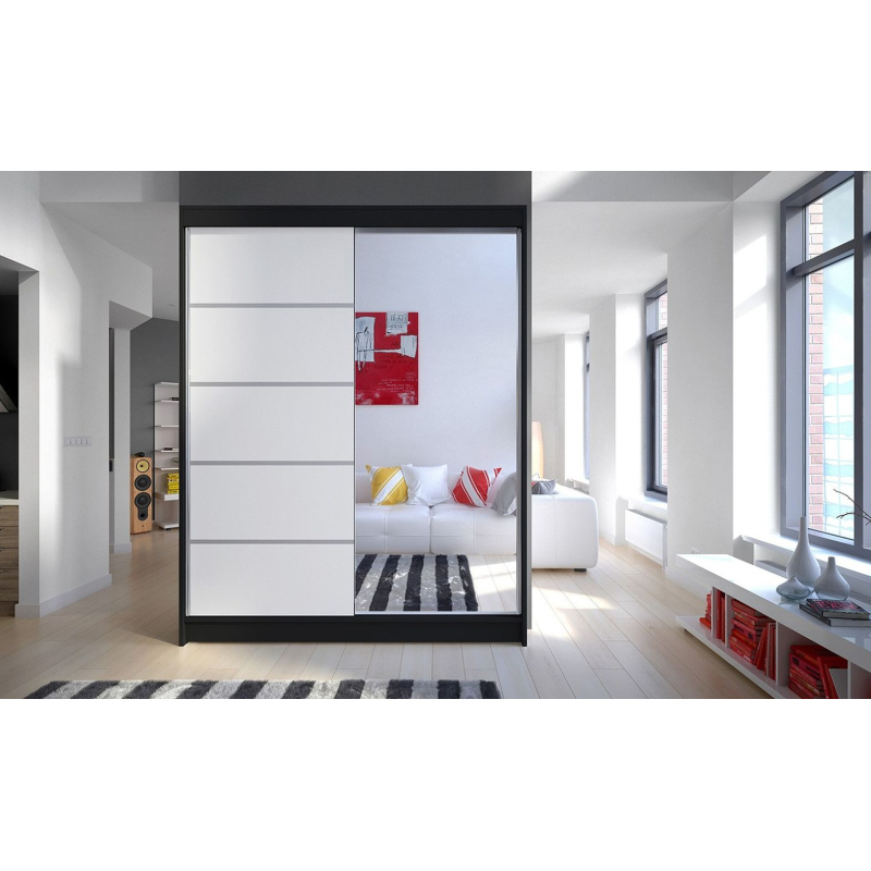 Kleiderschrank mit Spiegel CHANNA 3 – Breite 150 cm, schwarz/weiß