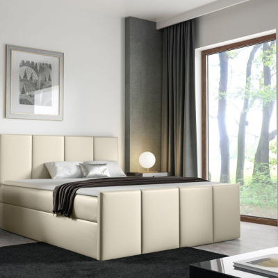 Bett mit Matratze und Lattenrost LOLA – 200x200, beige Öko-Leder + KOSTENLOSER Topper