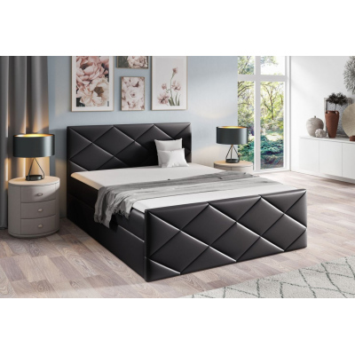 Bett mit Matratze und Lattenrost HALKA – 200x200, schwarzes Öko-Leder + KOSTENLOSER Topper