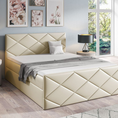 Bett mit Matratze und Lattenrost HALKA – 200x200, beige Öko-Leder + KOSTENLOSER Topper