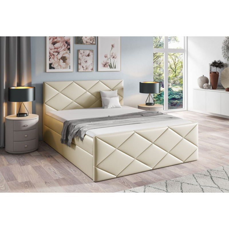 Bett mit Matratze und Lattenrost HALKA – 200x200, beige Öko-Leder + KOSTENLOSER Topper