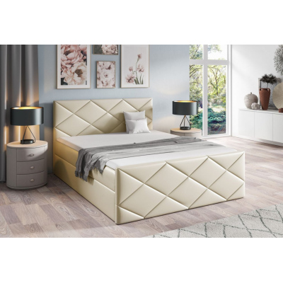 Bett mit Matratze und Lattenrost HALKA – 200x200, beige Öko-Leder + KOSTENLOSER Topper