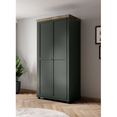 Zweitüriger Kleiderschrank EROL – Breite 108 cm, Lefkas-Eiche / grün