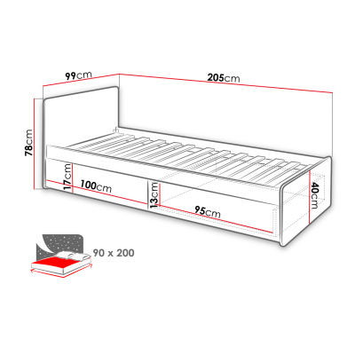 Kinderbett mit Stauraum RENI – 90x200, Perlgrau / Eiche Artisan