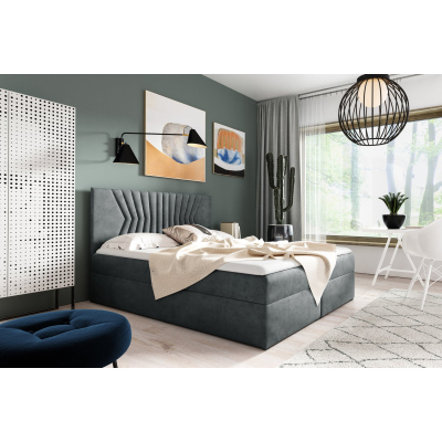 Polsterbett mit gestepptem Kopfteil AKIM – 160x200, Grau + GRATIS Topper