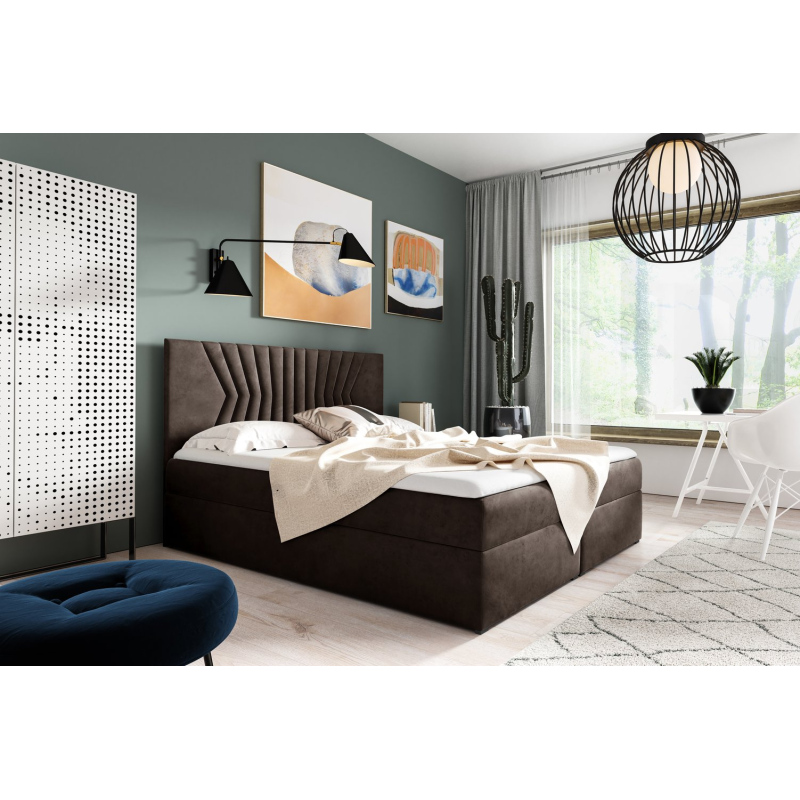 Polsterbett mit gestepptem Kopfteil AKIM – 180x200, Braun + GRATIS Topper