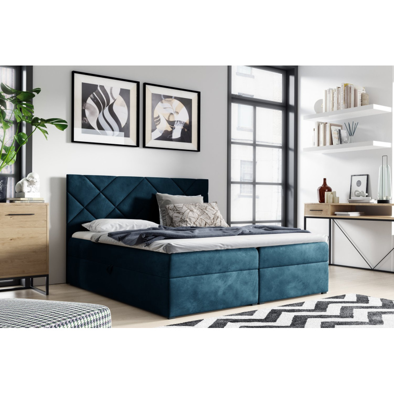 Gepolstertes Doppelbett DINO – 140x200, Blau + GRATIS Topper