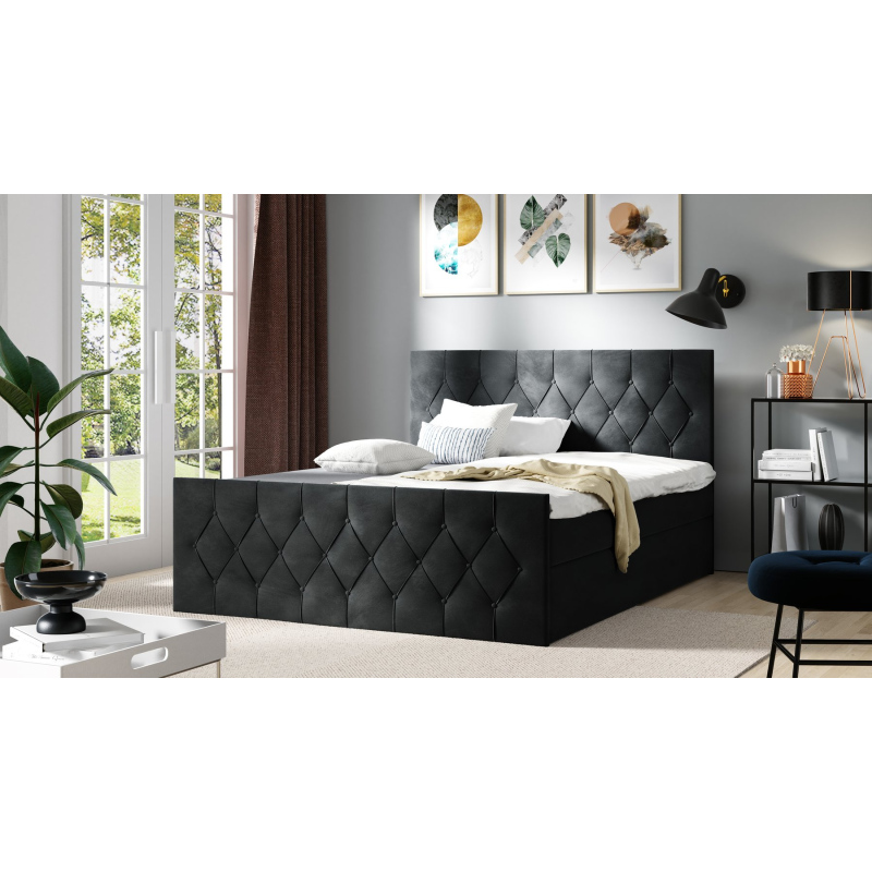 Polsterbett TIBOR LUX – 200x200, Schwarz + GRATIS Topper