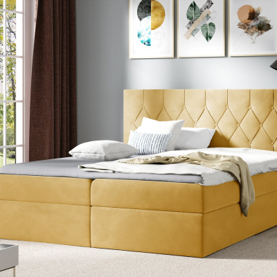 Bett Boxspring TIBOR – 200x200, gelb + KOSTENLOSER Topper