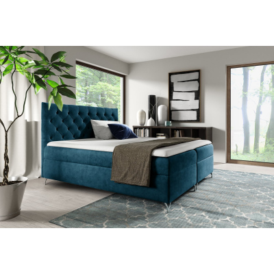 Boxspringbett SHANNON – 200x200, Blau + GRATIS Topper