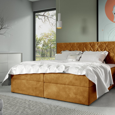 Boxspring Bett mit gestepptem Kopfteil EUGENA – 200x200, gelb + KOSTENLOSER Topper