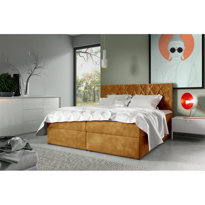 Boxspring Bett mit gestepptem Kopfteil EUGENA – 200x200, gelb + KOSTENLOSER Topper