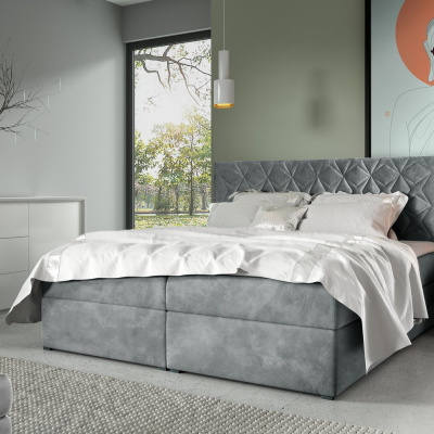 Boxspring Bett mit gestepptem Kopfteil EUGENA – 200x200, grau + KOSTENLOSER Topper