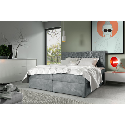 Boxspring Bett mit gestepptem Kopfteil EUGENA – 200x200, grau + KOSTENLOSER Topper