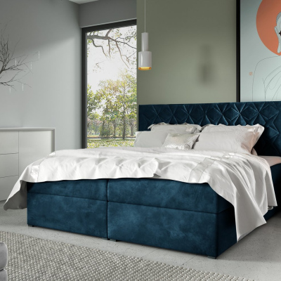 Boxspring Bett mit gestepptem Kopfteil EUGENA – 200x200, blau + KOSTENLOSER Topper