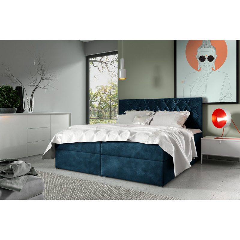 Boxspring Bett mit gestepptem Kopfteil EUGENA – 200x200, blau + KOSTENLOSER Topper