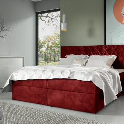 Boxspring Bett mit gestepptem Kopfteil EUGENA – 200x200, rot + KOSTENLOSER Topper