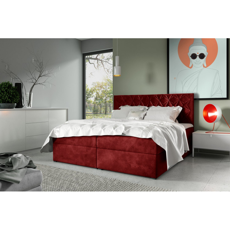 Boxspring Bett mit gestepptem Kopfteil EUGENA – 200x200, rot + KOSTENLOSER Topper