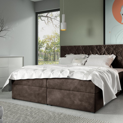 Boxspring Bett mit gestepptem Kopfteil EUGENA – 200x200, braun 1 + KOSTENLOSER Topper