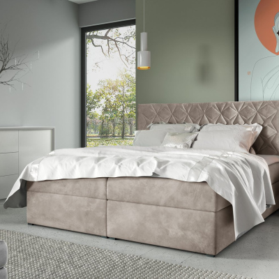 Boxspring Bett mit gestepptem Kopfteil EUGENA – 200x200, beige + KOSTENLOSER Topper