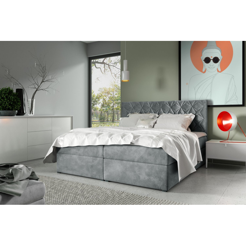 Boxspring Bett mit gestepptem Kopfteil EUGENA – 180x200, grau + KOSTENLOSER Topper