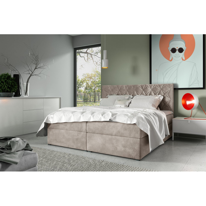 Boxspring Bett mit gestepptem Kopfteil EUGENA – 180x200, beige + KOSTENLOSER Topper