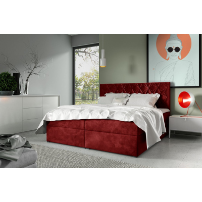 Boxspring Bett mit gestepptem Kopfteil EUGENA – 160x200, rot + KOSTENLOSER Topper