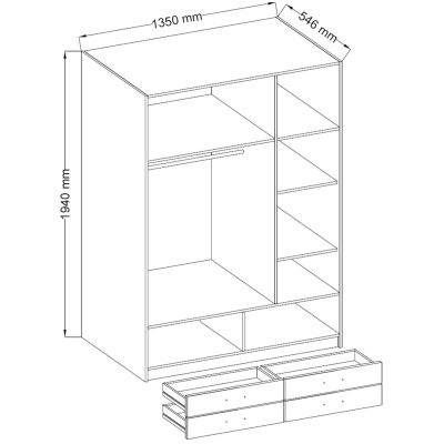 Dreitüriger Kleiderschrank CRUELLA – Breite 135 cm, Eiche sonoma