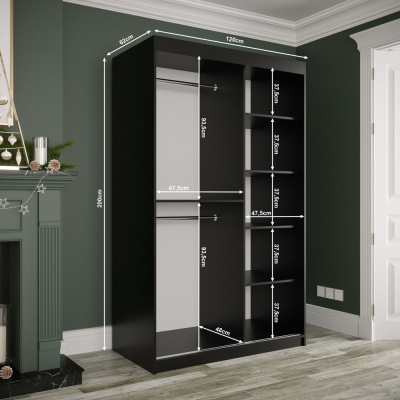 Kleiderschrank mit Schiebetüren und Spiegeln MAREILLE 4 –Breite 120 cm, schwarz / weißer Marmor