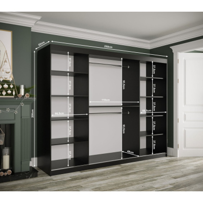 Spiegel-Schwebetürenschrank MAREILLE 3 – Breite 250 cm, schwarz / weißer Marmor