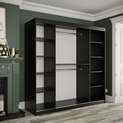 Spiegel-Schwebetürenschrank MAREILLE 3 – Breite 200 cm, schwarz / weißer Marmor