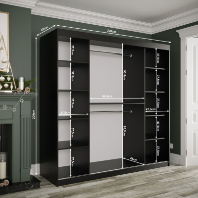 Spiegel-Schwebetürenschrank MAREILLE 3 – Breite 200 cm, schwarz / schwarzer Marmor