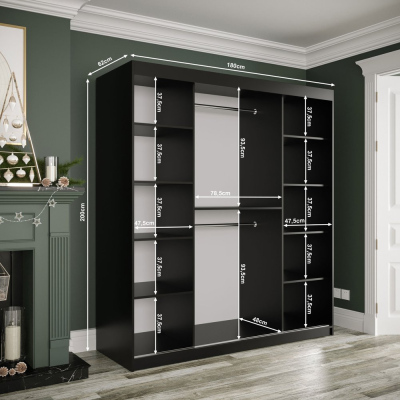 Spiegel-Schwebetürenschrank MAREILLE 3 – Breite 180 cm, schwarz / weißer Marmor