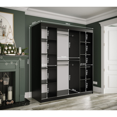 Spiegel-Schwebetürenschrank MAREILLE 3 – Breite 180 cm, schwarz / schwarzer Marmor