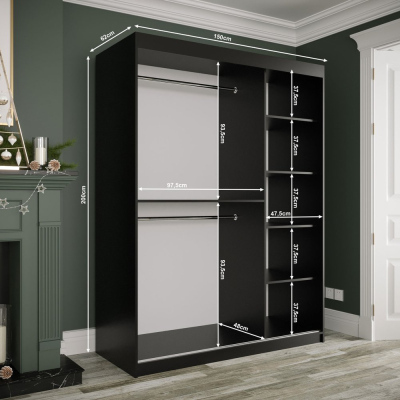 Spiegel-Schwebetürenschrank MAREILLE 3 – Breite 150 cm, schwarz / schwarzer Marmor