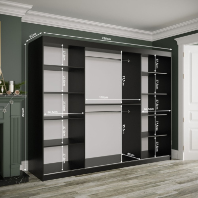 Schwebetürenschrank MAREILLE 1 – Breite 250 cm, Schwarz / weißer Marmor