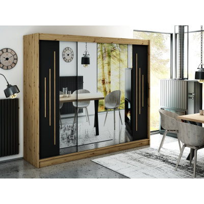 Spiegel-Schwebetürenschrank LURDES 9 – Breite 250 cm, Eiche Artisan / schwarz