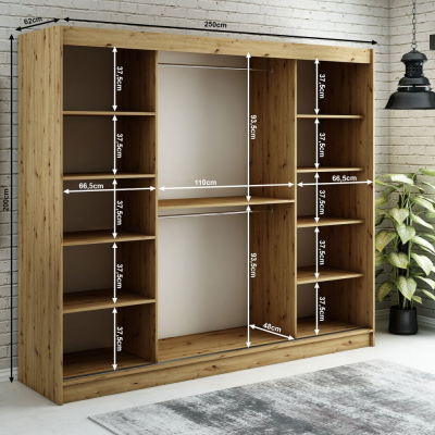 Spiegel-Schwebetürenschrank LURDES 9 – Breite 250 cm, Eiche Artisan / schwarz