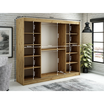 Spiegel-Schwebetürenschrank LURDES 9 – Breite 250 cm, Eiche Artisan / schwarz