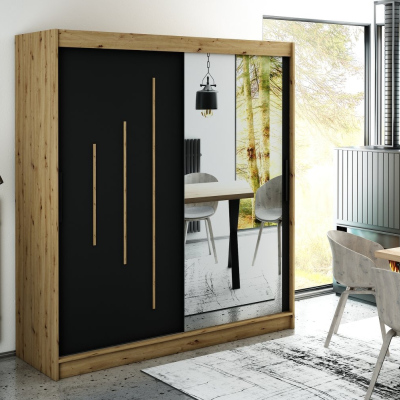 Spiegel-Schwebetürenschrank LURDES 9 – Breite 200 cm, Eiche Artisan / schwarz